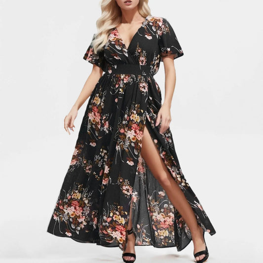 SaneShoppe - Women's Dress Plus Size Short Sleeve Boho Print Summer Women Floral Long Maxi Dresses A Line High Waist Loose Sundress Beachwear