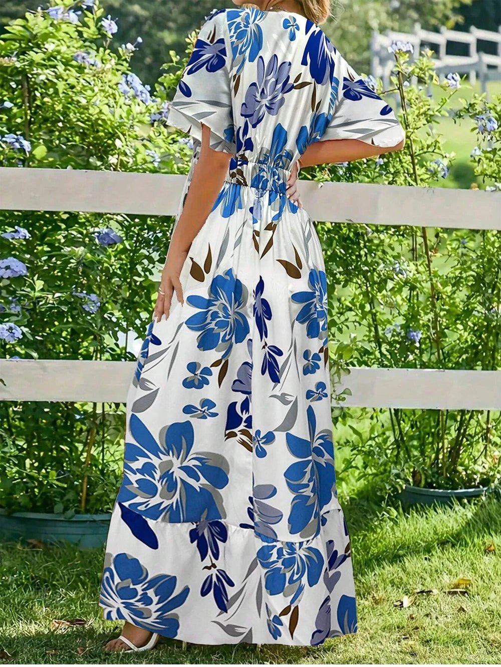 SaneShoppe - Women's French print frilly short sleeve crew neck dress and floor holiday beachwear