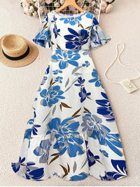 SaneShoppe - Women's French print frilly short sleeve crew neck dress and floor holiday beachwear