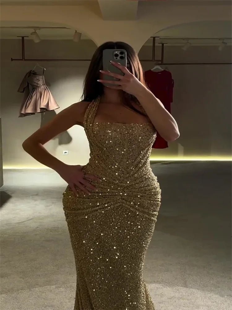 SaneShoppe - Women's Gold Sequin Halter Gown Square Neck Ruched Detail Mermaid Train Slim Fit Elegant Evening Party Formal Lady Fashion Dress