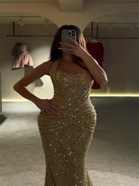 SaneShoppe - Women's Gold Sequin Halter Gown Square Neck Ruched Detail Mermaid Train Slim Fit Elegant Evening Party Formal Lady Fashion Dress