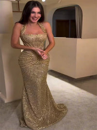 SaneShoppe - Women's Gold Sequin Halter Gown Square Neck Ruched Detail Mermaid Train Slim Fit Elegant Evening Party Formal Lady Fashion Dress