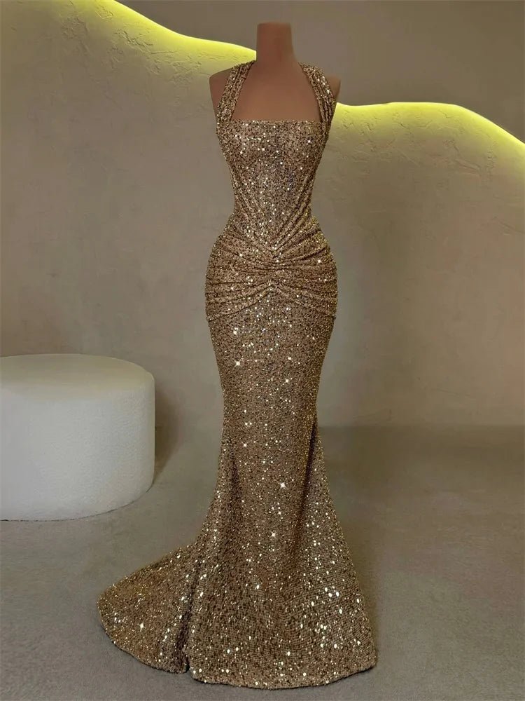 SaneShoppe - Women's Gold Sequin Halter Gown Square Neck Ruched Detail Mermaid Train Slim Fit Elegant Evening Party Formal Lady Fashion Dress