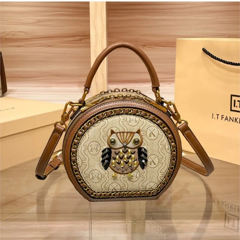 SaneShoppe - Women's Handbag Light Luxury Brand Handheld Round Bag New 2024 Premium Genuine Leather Shoulder Bag Designer Retro Crossbody Bag