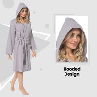 SaneShoppe - Women's Hooded Waffle Cotton Bathrobe Grey Super Absorbent Spa Dressing Gown for Home Lounge & Travel by Daisy Dreamer