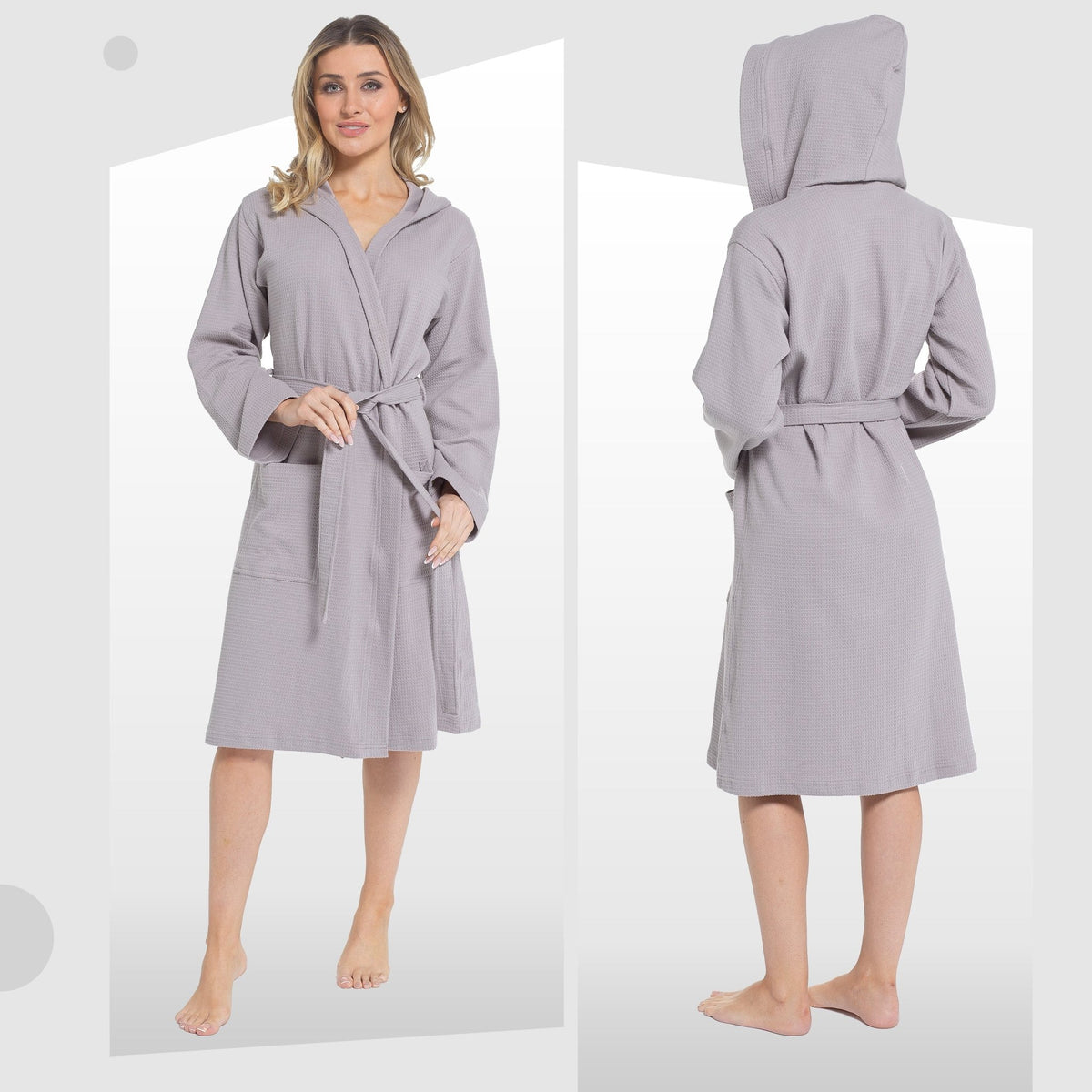SaneShoppe - Women's Hooded Waffle Cotton Bathrobe Grey Super Absorbent Spa Dressing Gown for Home Lounge & Travel by Daisy Dreamer