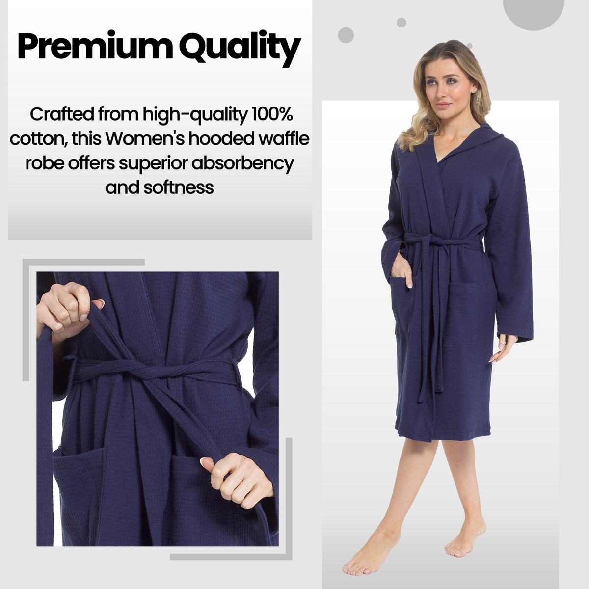 SaneShoppe - Women's Hooded Waffle Cotton Bathrobe Navy Super Absorbent Spa Dressing Gown for Home Lounge & Travel by Daisy Dreamer