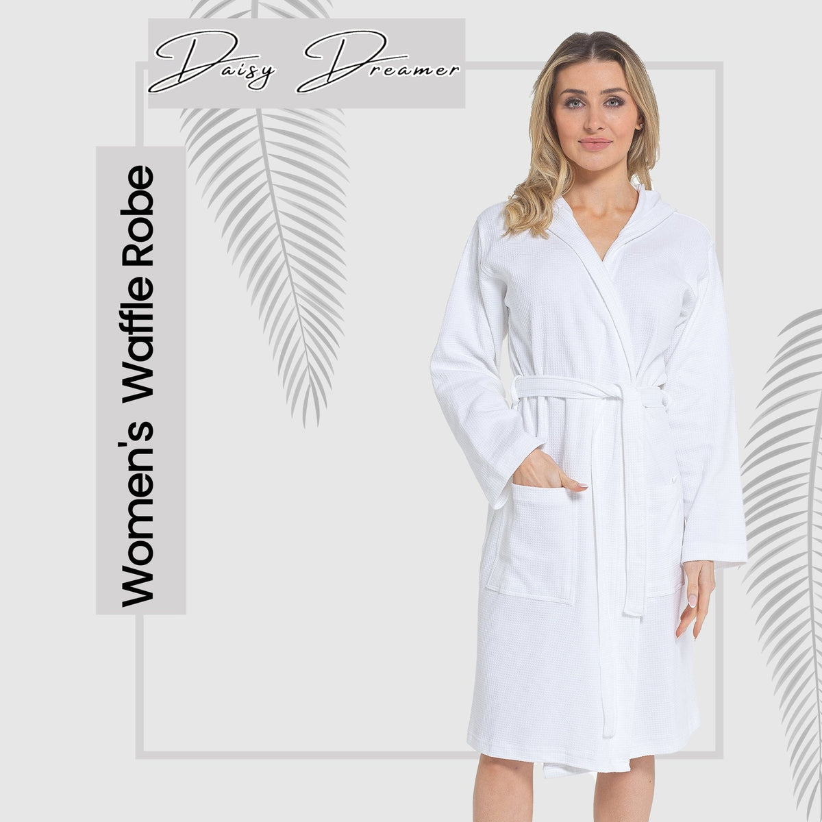 SaneShoppe - Women's Hooded Waffle Cotton Bathrobe White Super Absorbent Spa Dressing Gown for Home Lounge & Travel by Daisy Dreamer