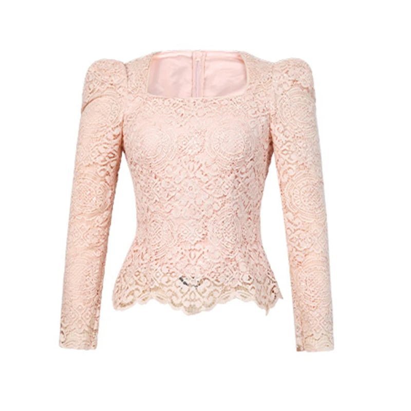 SaneShoppe - Women's Lady - like Elegant Pink Lace Shiny Glitter Tops Female Fashion Dating Blouse Party Peplum T-shirt Mujer Prom Club Lady