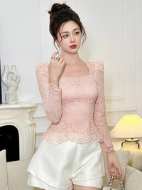 SaneShoppe - Women's Lady - like Elegant Pink Lace Shiny Glitter Tops Female Fashion Dating Blouse Party Peplum T-shirt Mujer Prom Club Lady