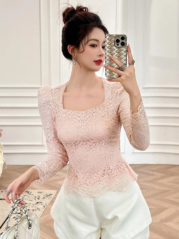 SaneShoppe - Women's Lady - like Elegant Pink Lace Shiny Glitter Tops Female Fashion Dating Blouse Party Peplum T-shirt Mujer Prom Club Lady