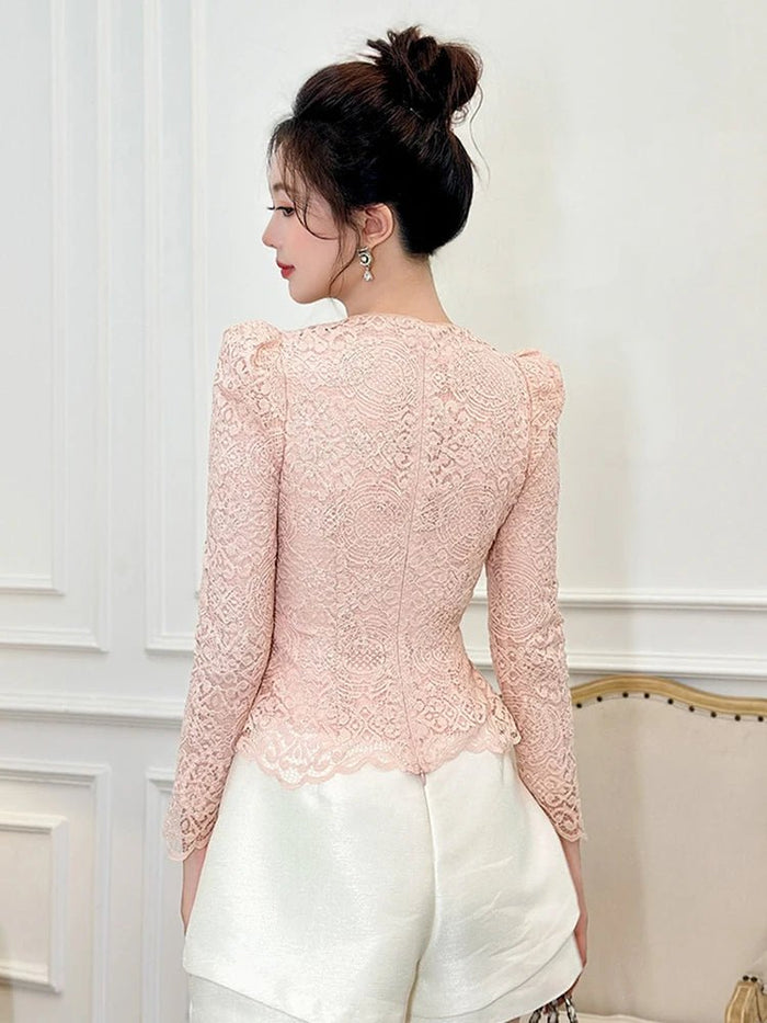 SaneShoppe - Women's Lady - like Elegant Pink Lace Shiny Glitter Tops Female Fashion Dating Blouse Party Peplum T-shirt Mujer Prom Club Lady