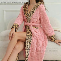 SaneShoppe-Leopard Print Women's Flannel Robe, Coral Fleece, Knee-Length