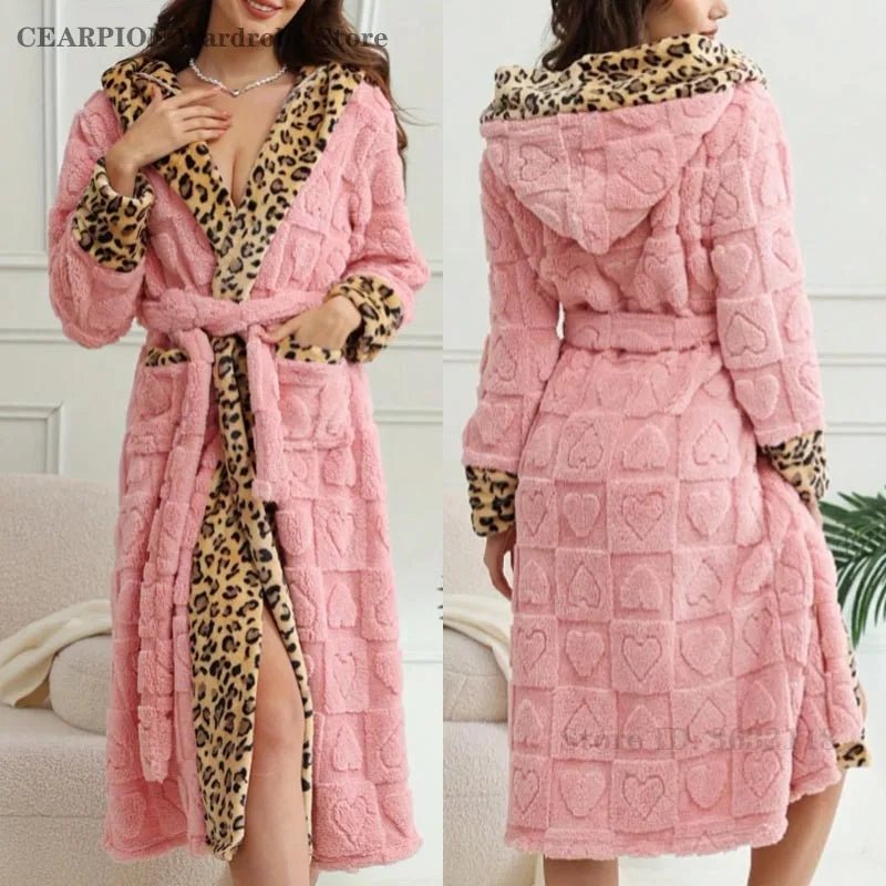 SaneShoppe-Leopard Print Women's Flannel Robe, Coral Fleece, Knee-Length