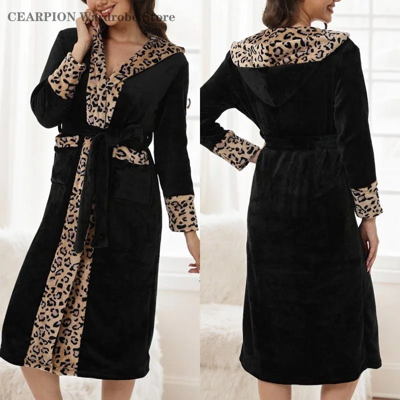 SaneShoppe-Leopard Print Women's Flannel Robe, Coral Fleece, Knee-Length