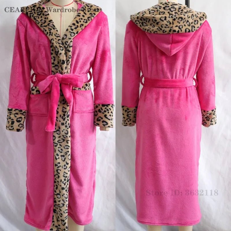 SaneShoppe-Leopard Print Women's Flannel Robe, Coral Fleece, Knee-Length