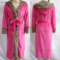 SaneShoppe-Leopard Print Women's Flannel Robe, Coral Fleece, Knee-Length
