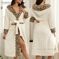 SaneShoppe-Leopard Print Women's Flannel Robe, Coral Fleece, Knee-Length