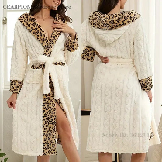 SaneShoppe-Leopard Print Women's Flannel Robe, Coral Fleece, Knee-Length