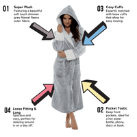SaneShoppe - Women's Luxurious Shimmer Grey Fleece Dressing Gown With Sherpa Fur Hood Plush Flannel Bath Robe Elegant Silver Soft Cozy Loungewear by Daisy Dreamer