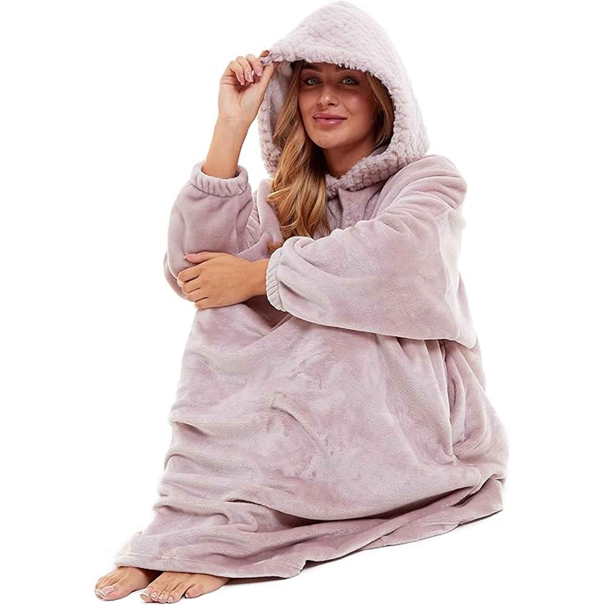SaneShoppe - Women's Oversized Plush Hooded Poncho Blanket Cozy Fleece Hoodie with Fur Hood Ideal for Lounging Camping Outdoor Warmth by Daisy Dreamer