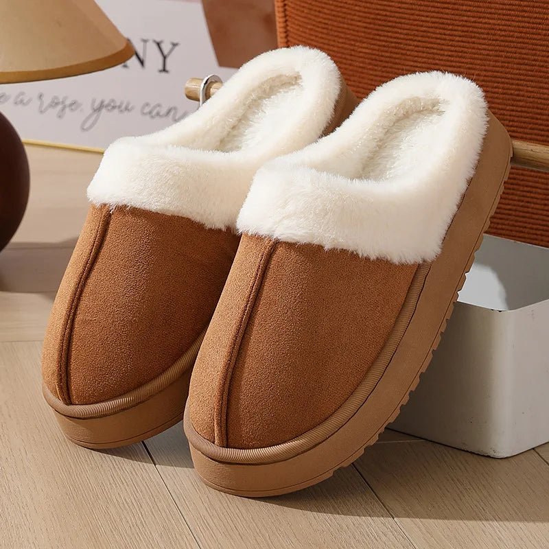 SaneShoppe-Thick Sole Plush Slippers with Fur Collar, Winter Outdoor Non-Slip Flip Flops