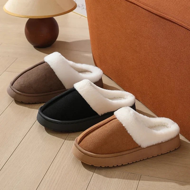 SaneShoppe-Thick Sole Plush Slippers with Fur Collar, Winter Outdoor Non-Slip Flip Flops