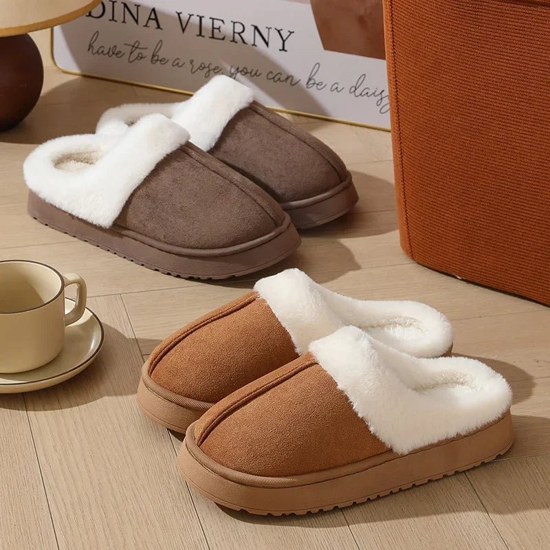 SaneShoppe-Thick Sole Plush Slippers with Fur Collar, Winter Outdoor Non-Slip Flip Flops