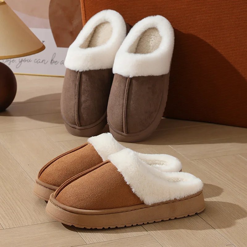 SaneShoppe-Thick Sole Plush Slippers with Fur Collar, Winter Outdoor Non-Slip Flip Flops