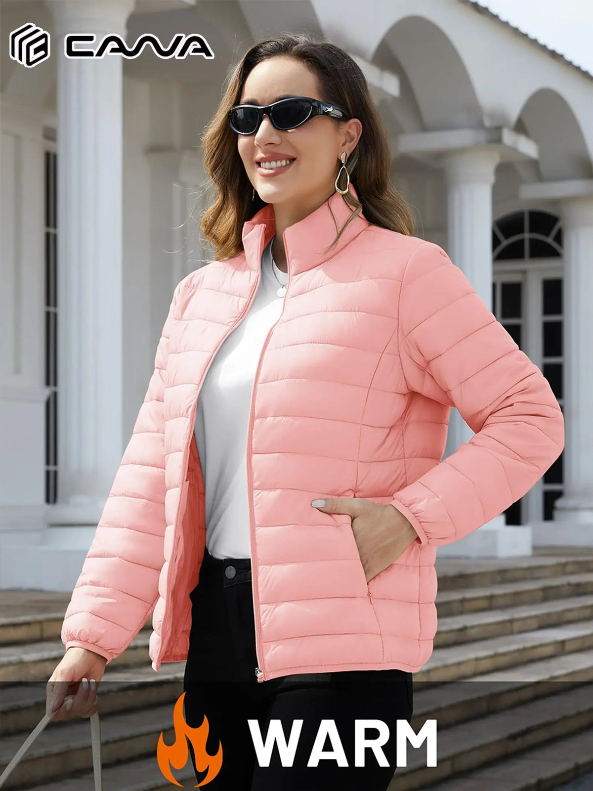 SaneShoppe - Women's Quilted Puffer Jacket Zip Up Puffer Coat Stand Collar Windbreaker Water Resistant Warm Jacket With Multiple Pockets