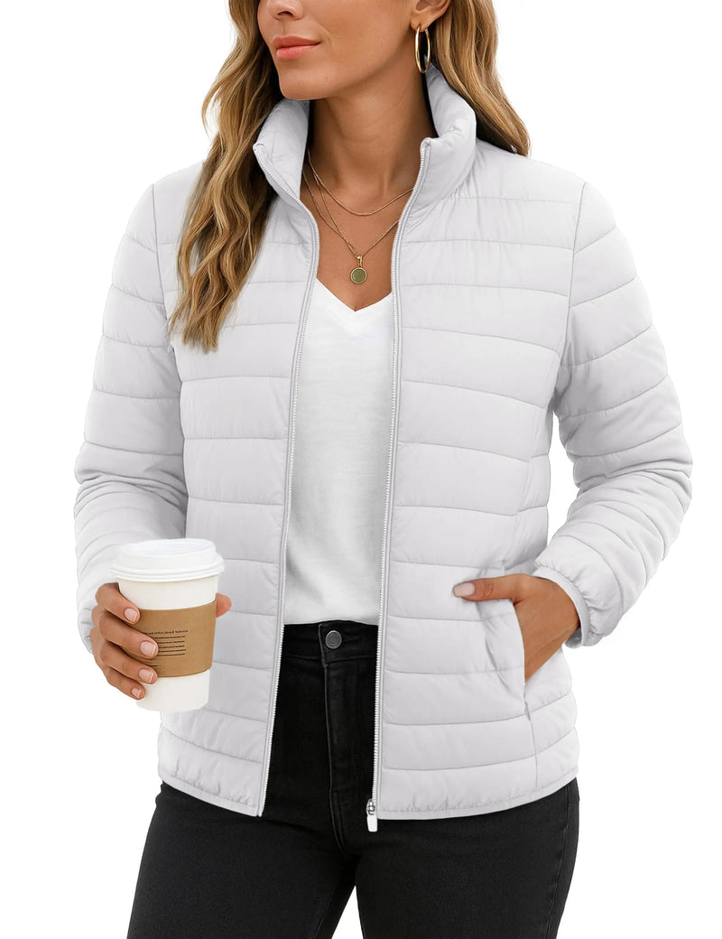 SaneShoppe - Women's Quilted Puffer Jacket Zip Up Puffer Coat Stand Collar Windbreaker Water Resistant Warm Jacket With Multiple Pockets