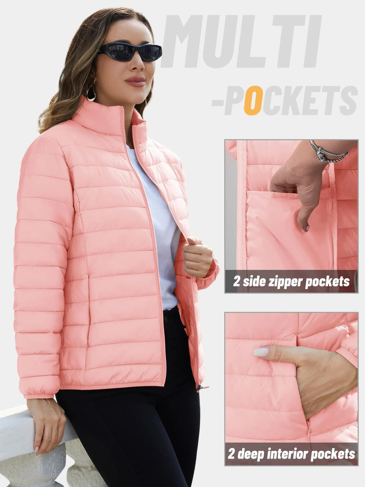 SaneShoppe - Women's Quilted Puffer Jacket Zip Up Puffer Coat Stand Collar Windbreaker Water Resistant Warm Jacket With Multiple Pockets