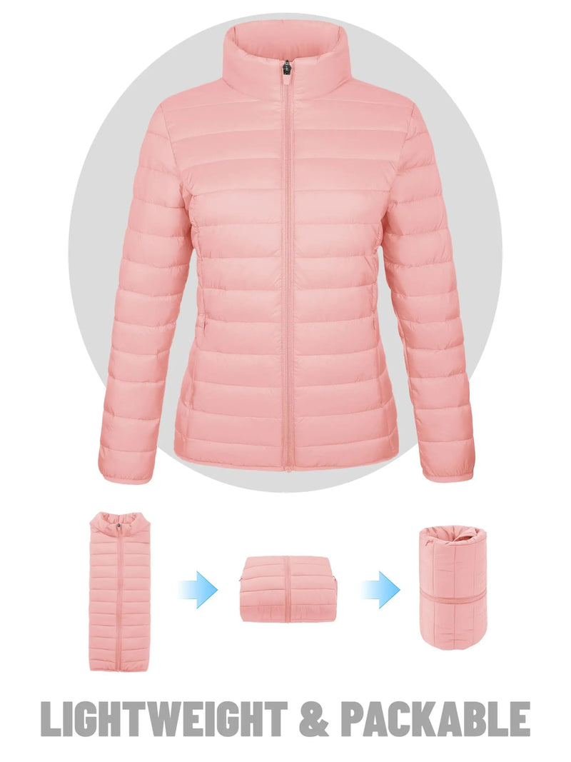 SaneShoppe - Women's Quilted Puffer Jacket Zip Up Puffer Coat Stand Collar Windbreaker Water Resistant Warm Jacket With Multiple Pockets