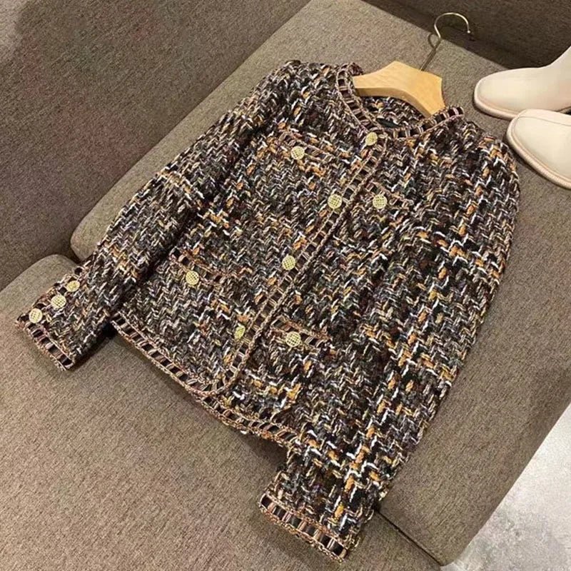 SaneShoppe - Women's Retro Tweed Cloth Coat, Korean Design Sense Woolen Coat, Padded Jacket, Casual, Brown, Female, Spring, Autumn, New