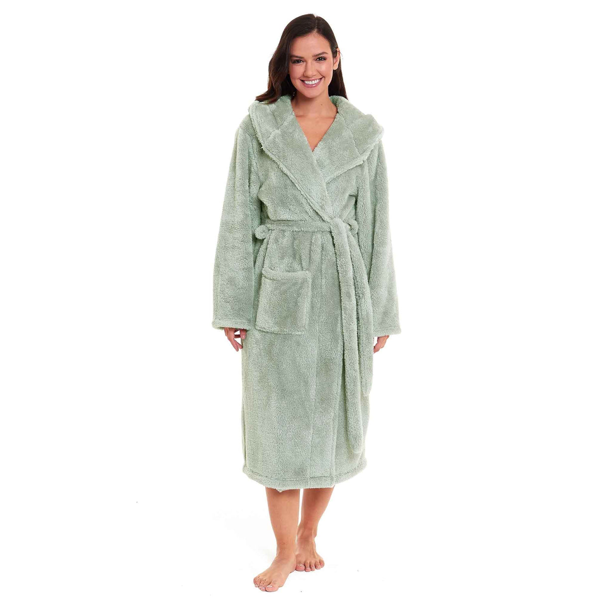 SaneShoppe - Women's Sage Green Snuggle Fleece Touch Hooded Robe Luxurious Soft Loungewear Cosy Durable Dressing Gown UK Sizes 8 - 22 by Daisy Dreamer