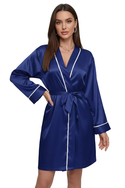 SaneShoppe-Women's Satin Short Kimono Robe Long Sleeves, V-Neck, Contrast Piping, and Belt.