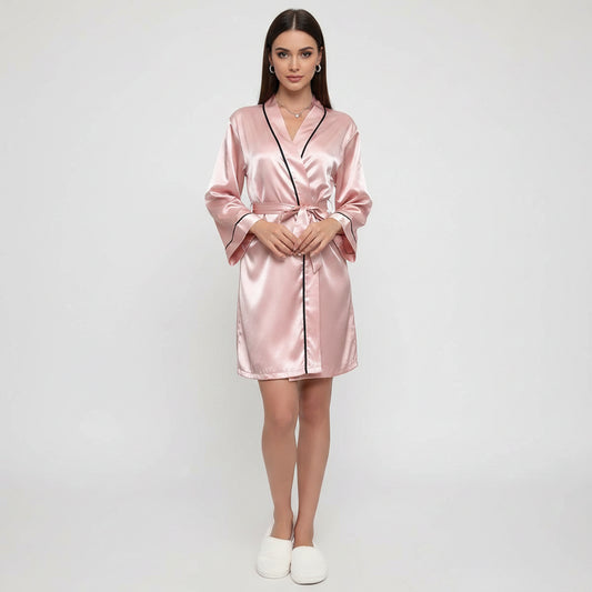 SaneShoppe-Women's Satin Short Kimono Robe Long Sleeves, V-Neck, Contrast Piping, and Belt.