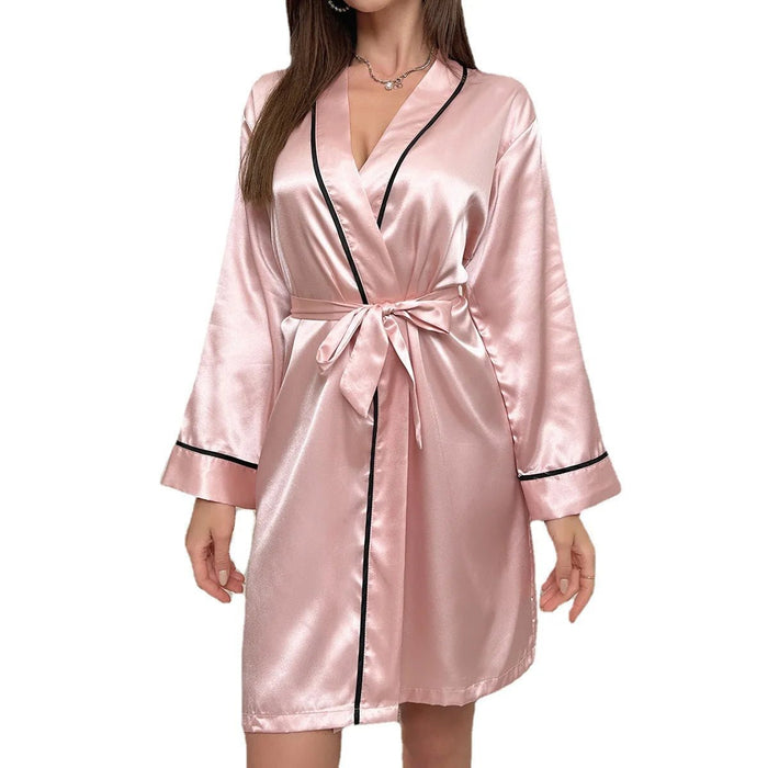 SaneShoppe-Women's Satin Short Kimono Robe Long Sleeves, V-Neck, Contrast Piping, and Belt.