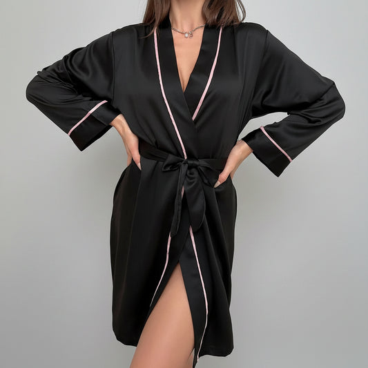 SaneShoppe-Women's Satin Short Kimono Robe Long Sleeves, V-Neck, Contrast Piping, and Belt.