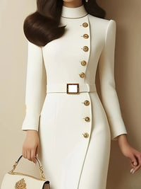 SaneShoppe - Women's Slim - Fitting Long - Sleeved Dress with Button Waist Design and Waistband, Elegant Casual and Fashionable, Perfect for Daily Wear and Special Occasion