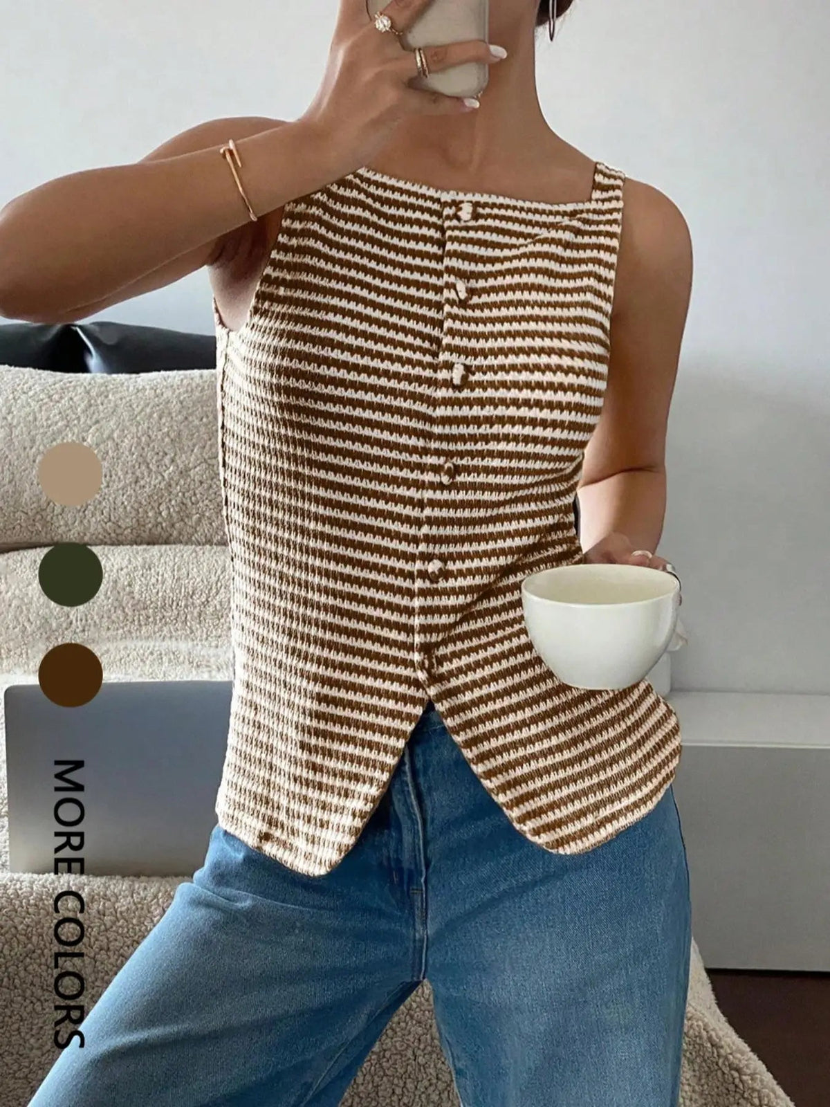 SaneShoppe - Women's Striped Button - Up Vest Casual Sleeveless Semi - Transparent Top Versatile Daily Wear for Ladies