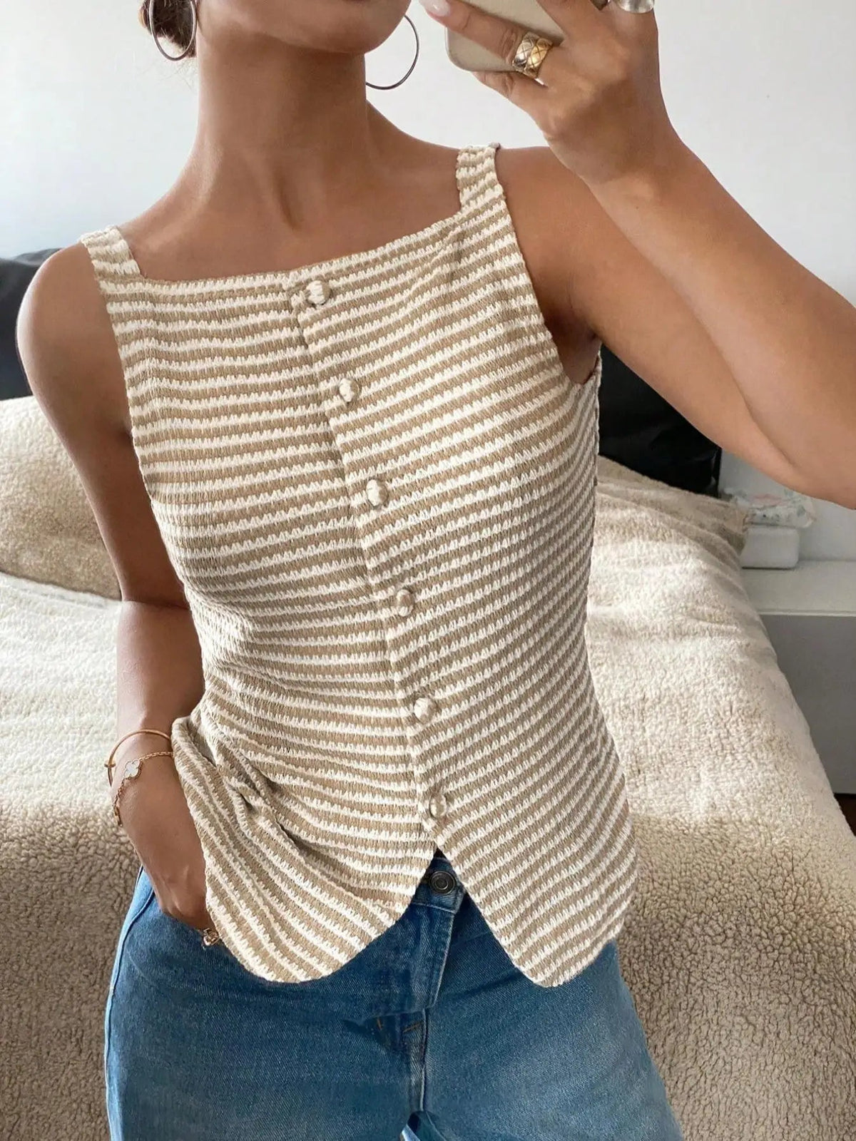 SaneShoppe - Women's Striped Button - Up Vest Casual Sleeveless Semi - Transparent Top Versatile Daily Wear for Ladies