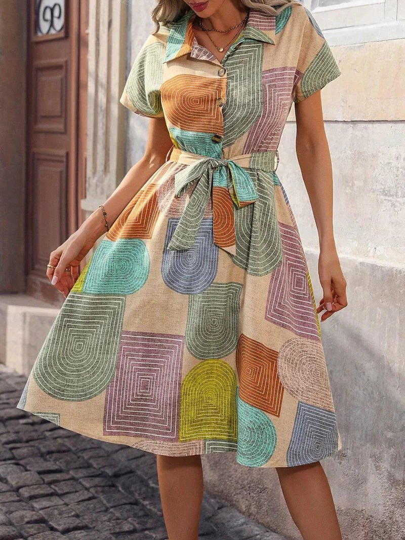 SaneShoppe - Women's Summer Geometric Printed Short - Sleeve Casual Shirt Dress, Suitable for Daily Wear