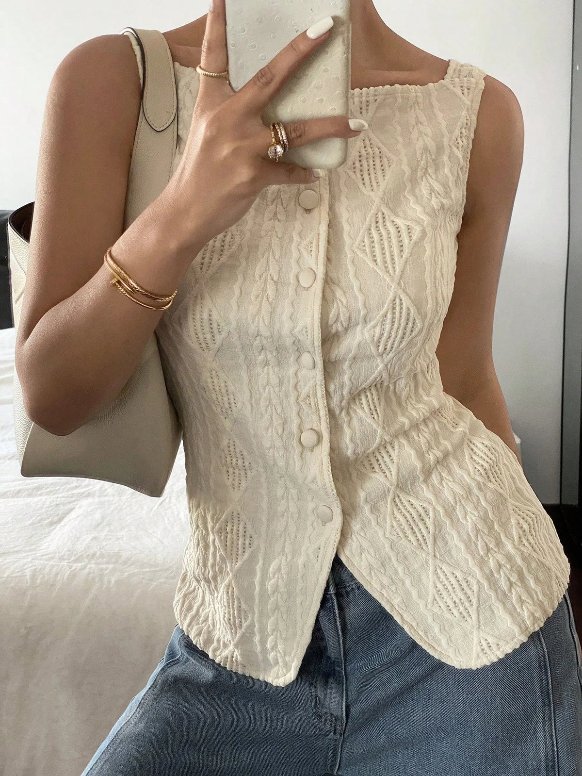 SaneShoppe - Women's summer sleeveless geometric texture single breasted casual shirt