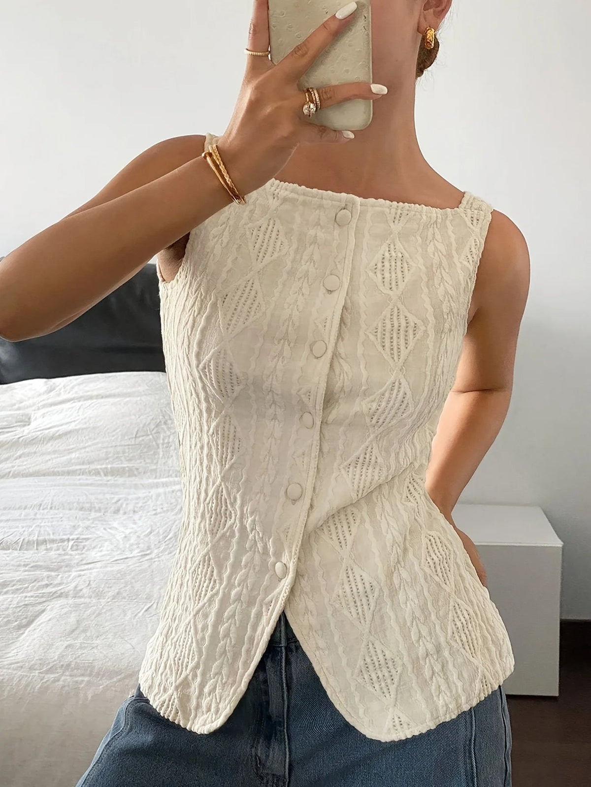 SaneShoppe - Women's summer sleeveless geometric texture single breasted casual shirt