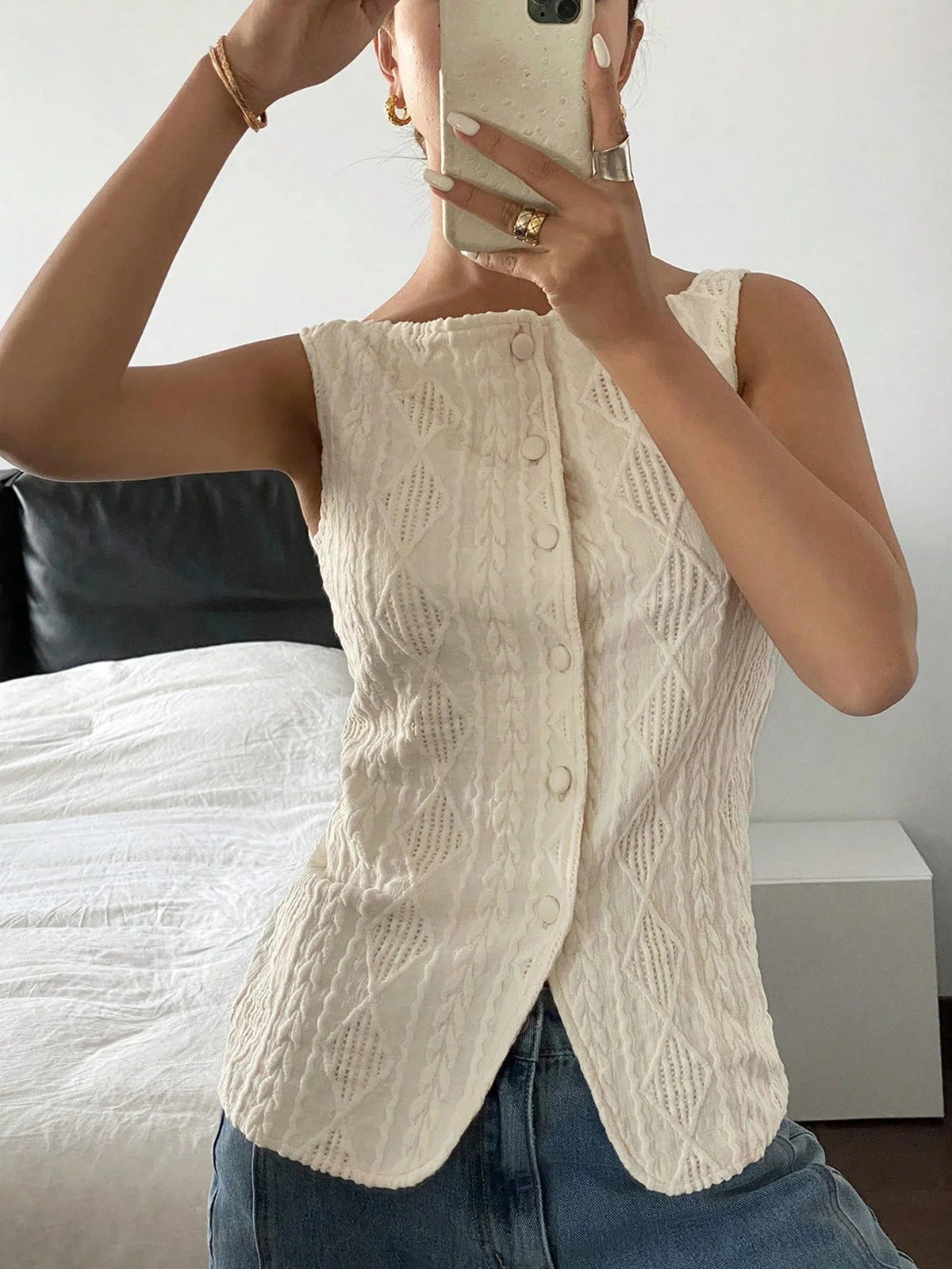 SaneShoppe - Women's summer sleeveless geometric texture single breasted casual shirt