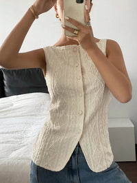 SaneShoppe - Women's summer sleeveless geometric texture single breasted casual shirt