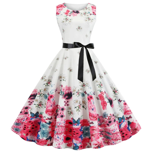 SaneShoppe - Women's Vintage Cocktail Long Dresses Retro Floral Print Sleeveless Swing Party Dresses For Women Tea Party Dresses For Women