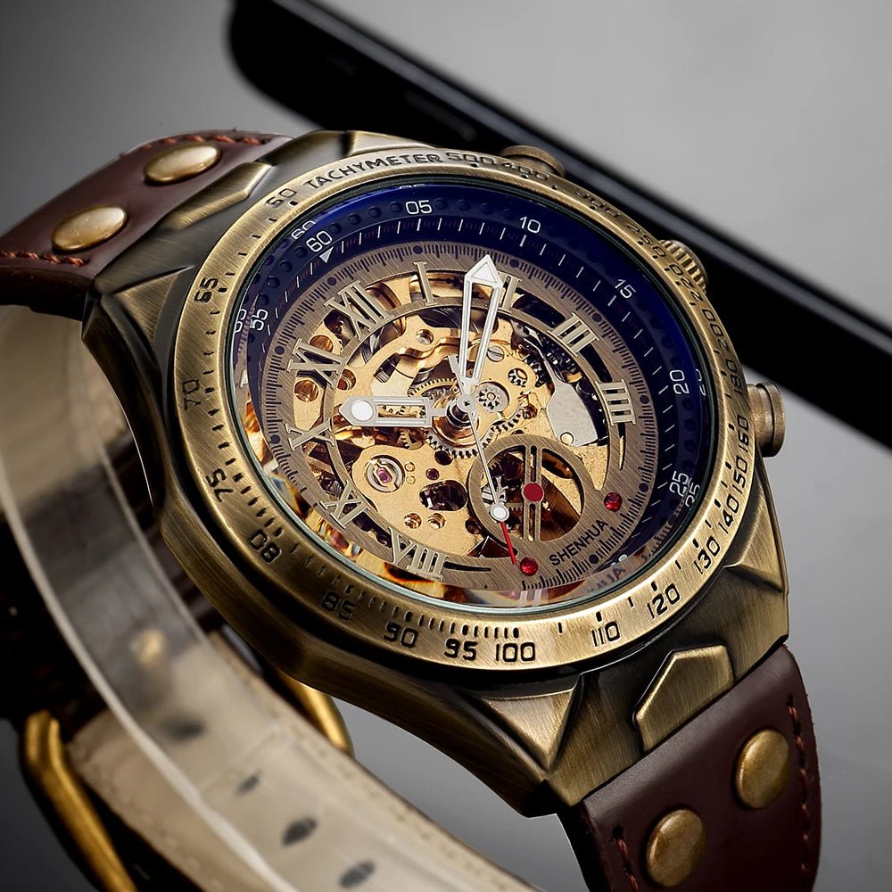SaneShoppe-Men's Waterproof Automatic Mechanical Retro Watch with Genuine Leather Band