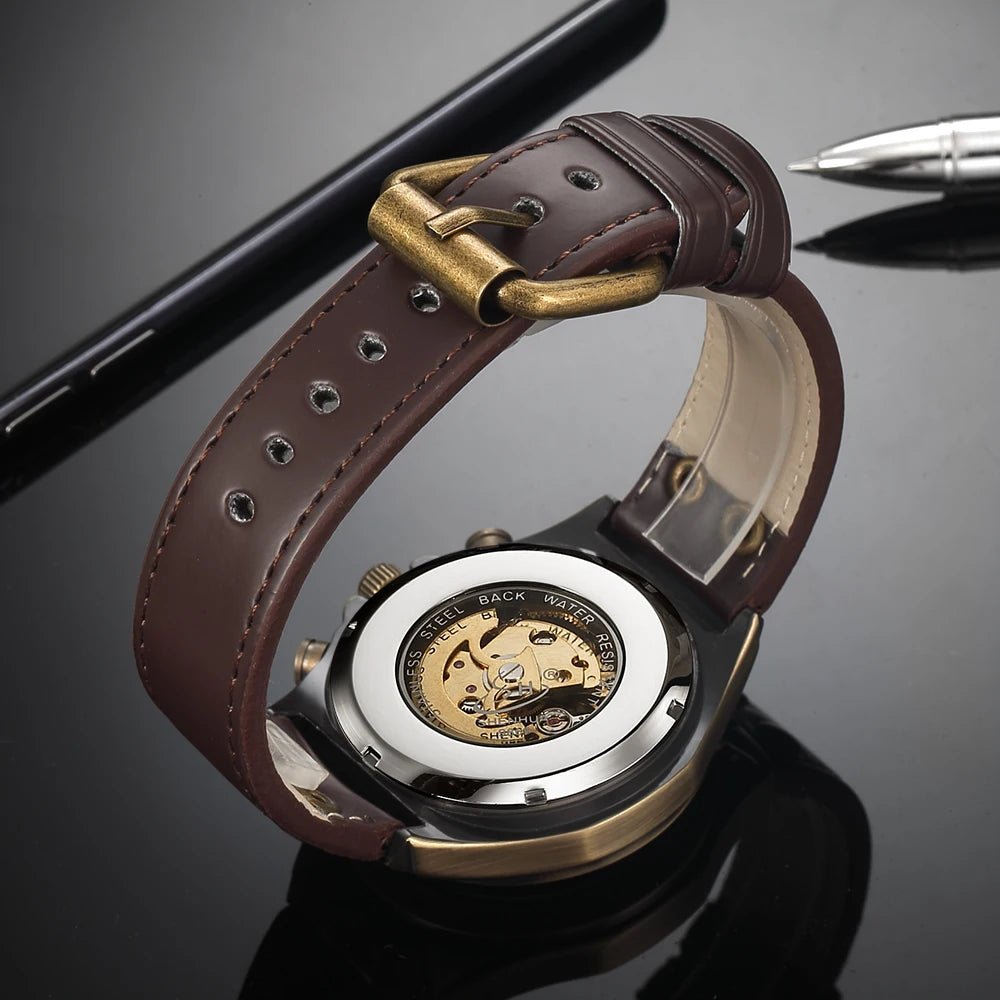 SaneShoppe-Men's Waterproof Automatic Mechanical Retro Watch with Genuine Leather Band